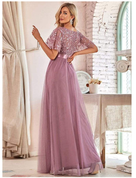 Short Bell Sleeves Scoop Neckline Sequined Bodice A-line Tulle Evening Dress with Belt