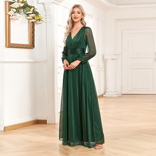 Sparkling Long Sleeves V-Neck A-line Dress with Pleated Waist