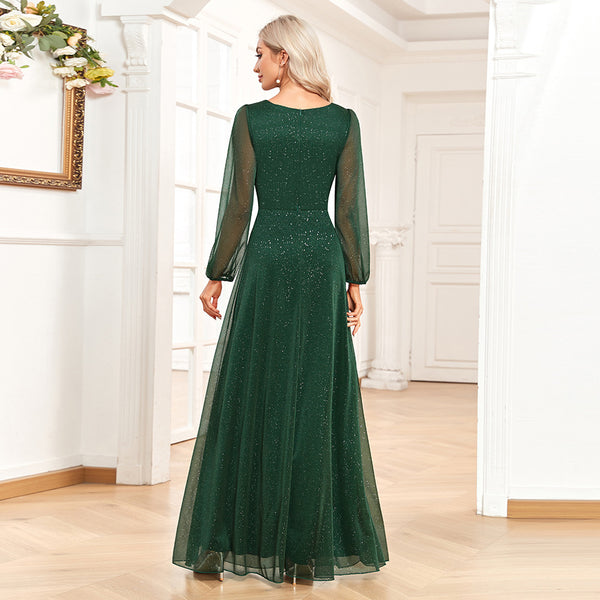 Sparkling Long Sleeves V-Neck A-line Dress with Pleated Waist