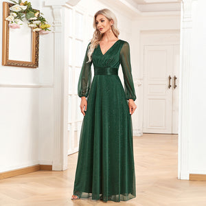 Sparkling Long Sleeves V-Neck A-line Dress with Pleated Waist