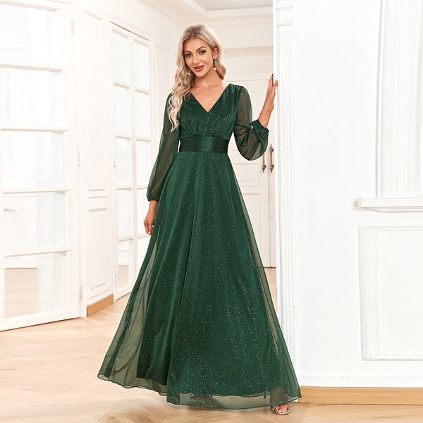 Sparkling Long Sleeves V-Neck A-line Dress with Pleated Waist