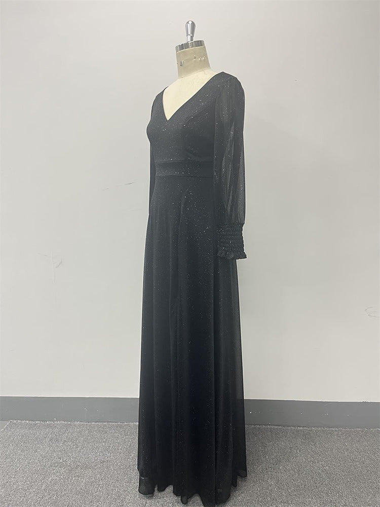 Sassy večerní/formální šaty s výstřihem do V, dlouhým rukávem, třpytivé, áčkového střihu s rozparkem