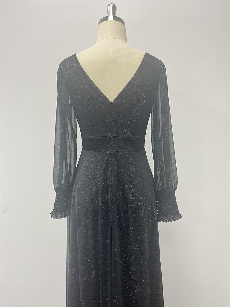 Sassy večerní/formální šaty s výstřihem do V, dlouhým rukávem, třpytivé, áčkového střihu s rozparkem