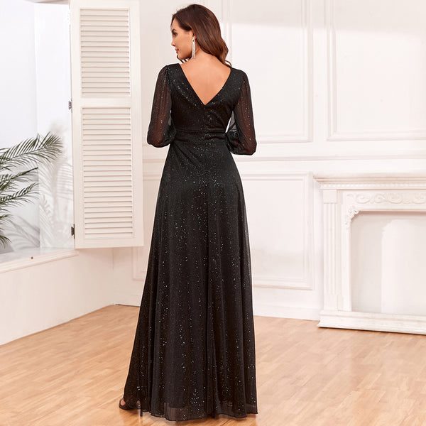 Sassy V-Neck Long Sleeve Sparkling A-line Evening/Formal Dress with Slit