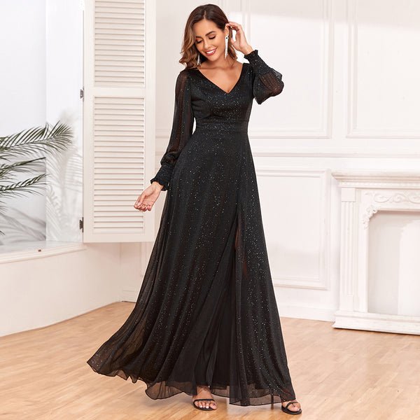 Sassy V-Neck Long Sleeve Sparkling A-line Evening/Formal Dress with Slit