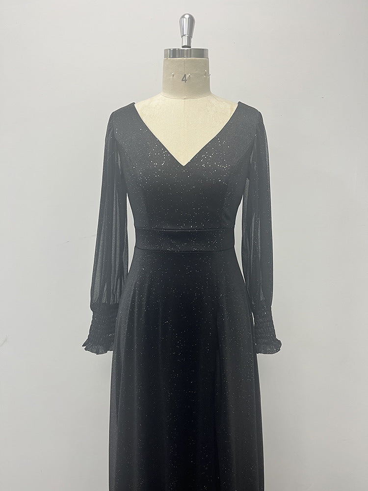 Sassy večerní/formální šaty s výstřihem do V, dlouhým rukávem, třpytivé, áčkového střihu s rozparkem