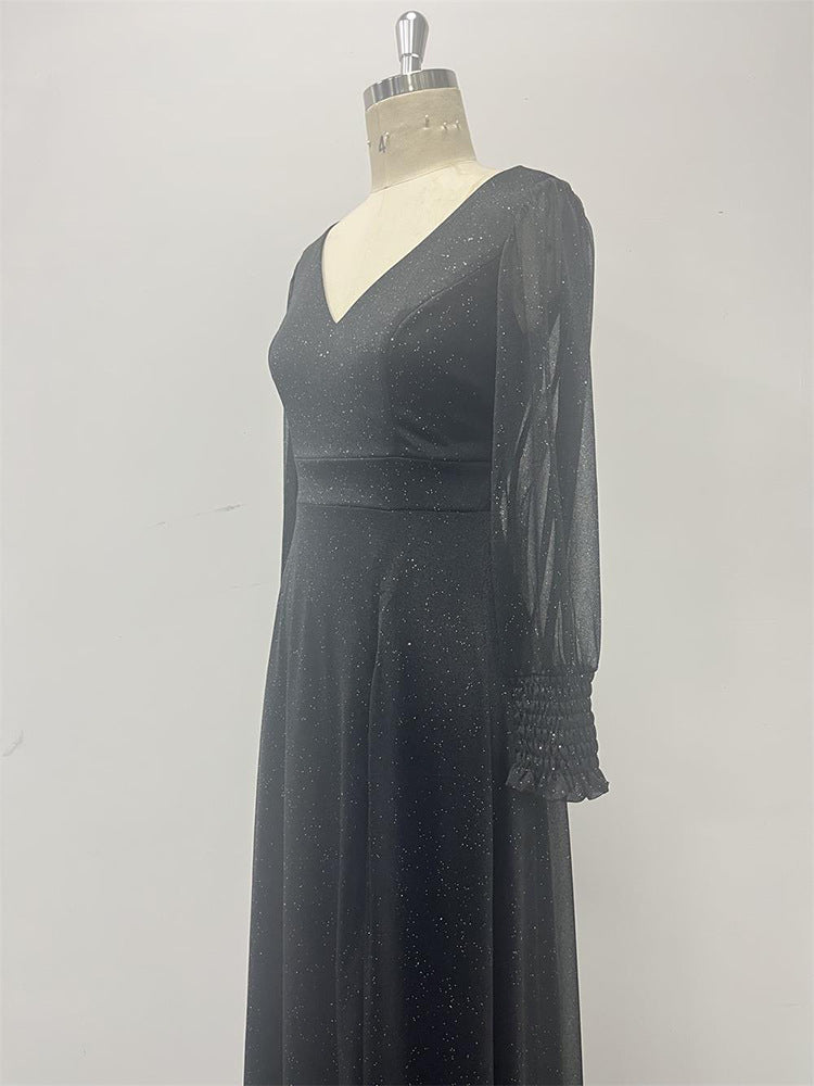 Sassy večerní/formální šaty s výstřihem do V, dlouhým rukávem, třpytivé, áčkového střihu s rozparkem