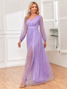 Sparkling Long Sleeves V-Neck A-line Evening Dress with Slit