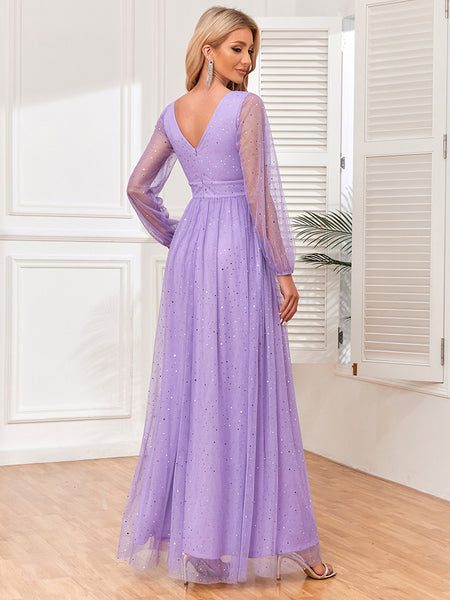 Sparkling Long Sleeves V-Neck A-line Evening Dress with Slit