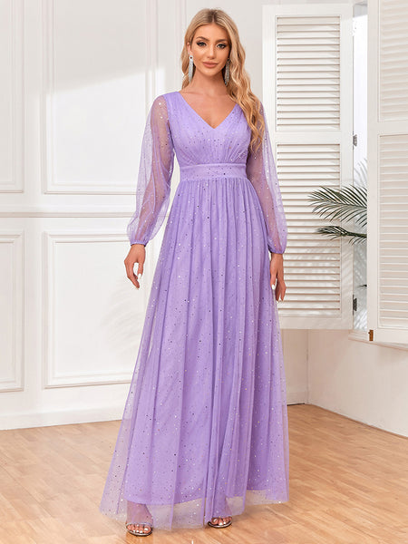 Sparkling Long Sleeves V-Neck A-line Evening Dress with Slit