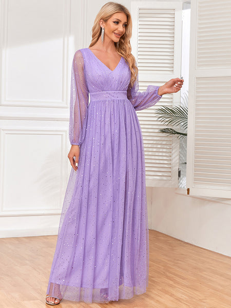 Sparkling Long Sleeves V-Neck A-line Evening Dress with Slit