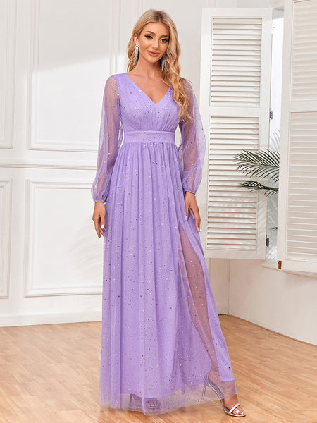 Sparkling Long Sleeves V-Neck A-line Evening Dress with Slit