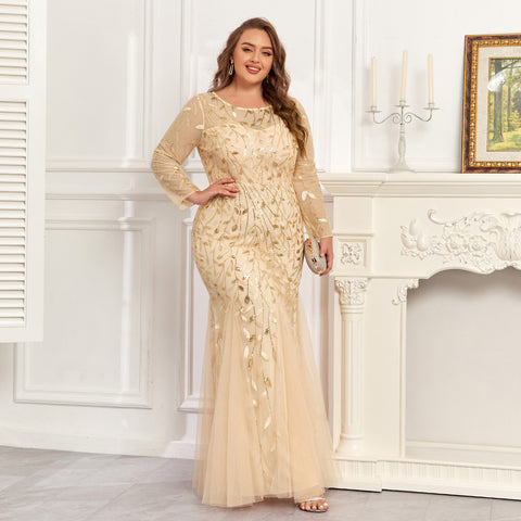 Plus Size Long Sleeves Scoop Neck Sequined Mermaid Tulle Evening/Formal Dress