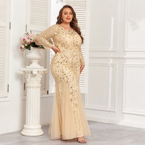 Plus Size Long Sleeves Scoop Neck Sequined Mermaid Tulle Evening/Formal Dress