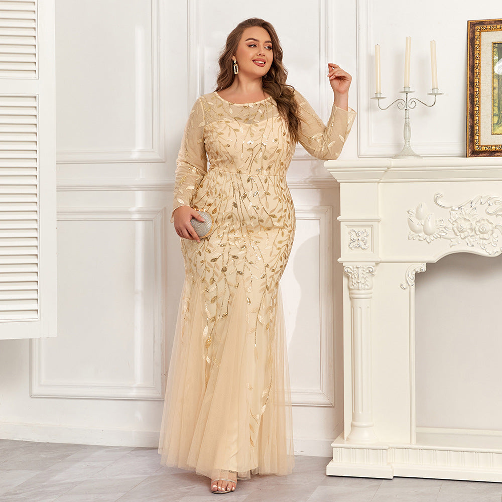 Večerní/formální šaty plus size s dlouhými rukávy, výstřihem do oblouku, flitry a tylovou mořskou pannou