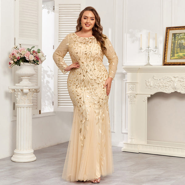 Plus Size Long Sleeves Scoop Neck Sequined Mermaid Tulle Evening/Formal Dress