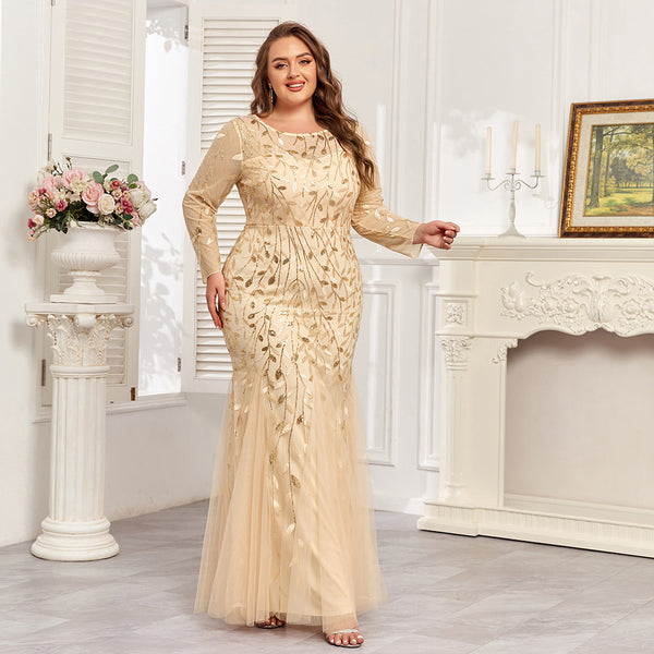 Plus Size Long Sleeves Scoop Neck Sequined Mermaid Tulle Evening/Formal Dress