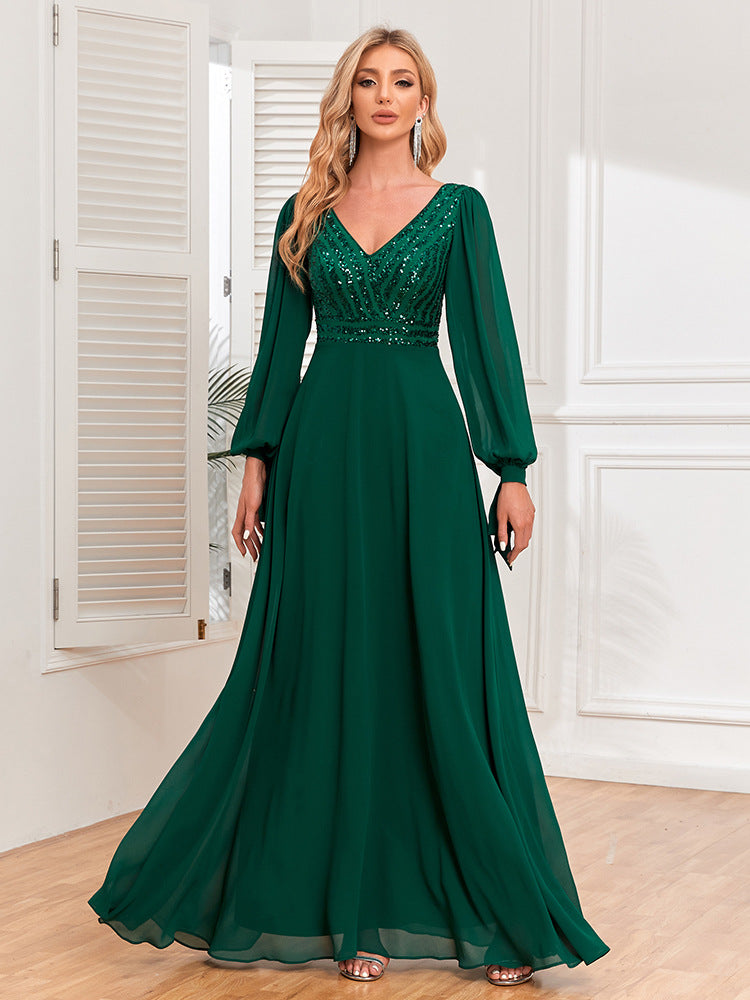 Long Bishop Sleeves V-Neck Sequined Bodice A-line Evening/Formal Dress