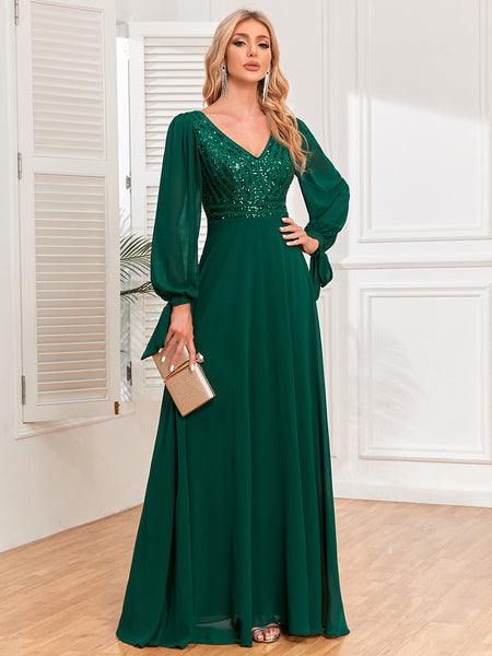 Long Bishop Sleeves V-Neck Sequined Bodice A-line Evening/Formal Dress