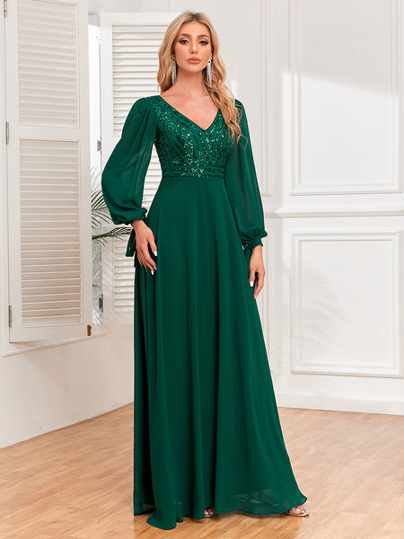 Long Bishop Sleeves V-Neck Sequined Bodice A-line Evening/Formal Dress