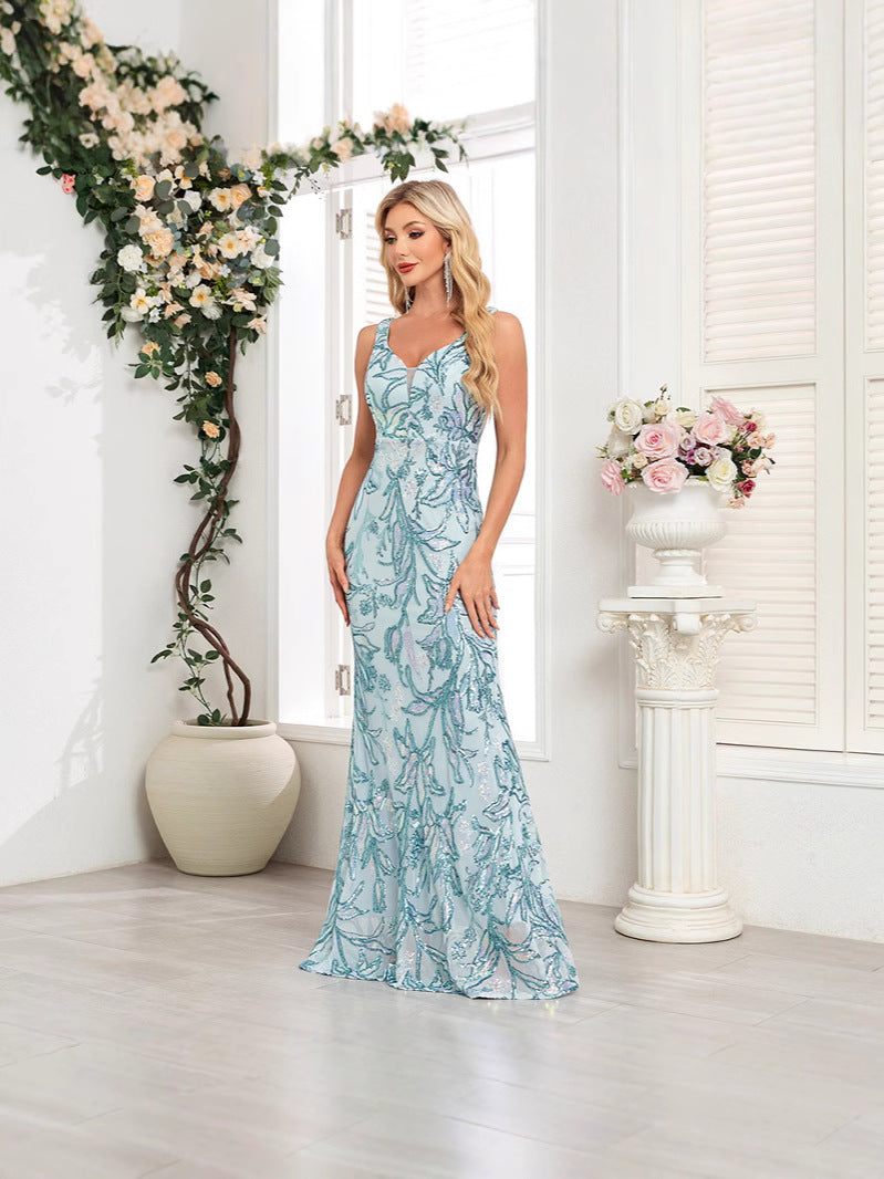 Sassy maxi večerní šaty s výstřihem do V, bez rukávů, s flitry a pouzdrovým střihem