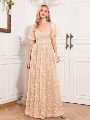 Exquisite Short Sleeves Embroidered A-line Maxi Prom Dress