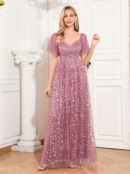 Exquisite Short Sleeves Embroidered A-line Maxi Prom Dress