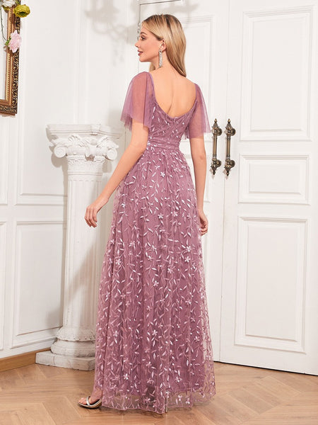 Exquisite Short Sleeves Embroidered A-line Maxi Prom Dress