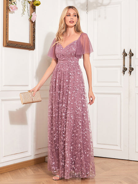 Exquisite Short Sleeves Embroidered A-line Maxi Prom Dress