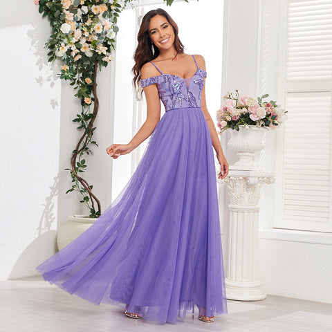 Chic Spaghetti Straps Off-the-Shoulder Sequined Bodice A-Line Tulle Skirt Evening Dress