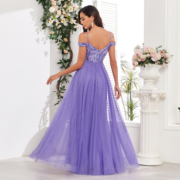 Chic Spaghetti Straps Off-the-Shoulder Sequined Bodice A-Line Tulle Skirt Evening Dress