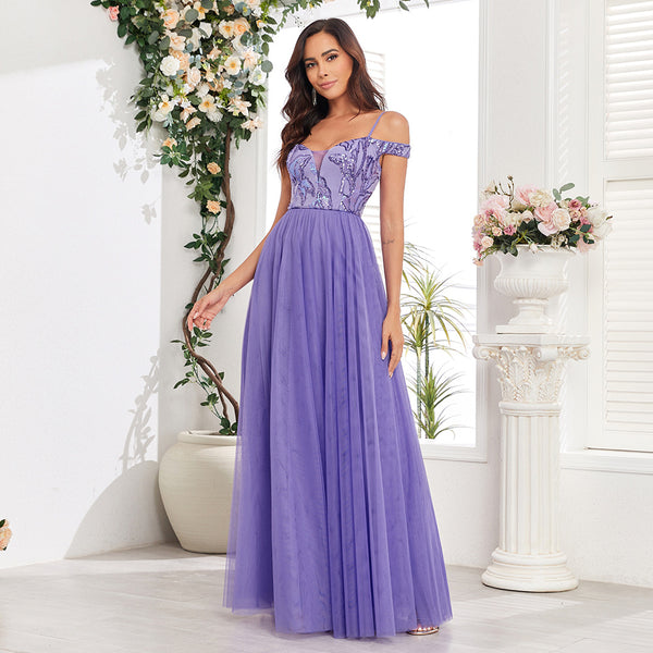 Chic Spaghetti Straps Off-the-Shoulder Sequined Bodice A-Line Tulle Skirt Evening Dress