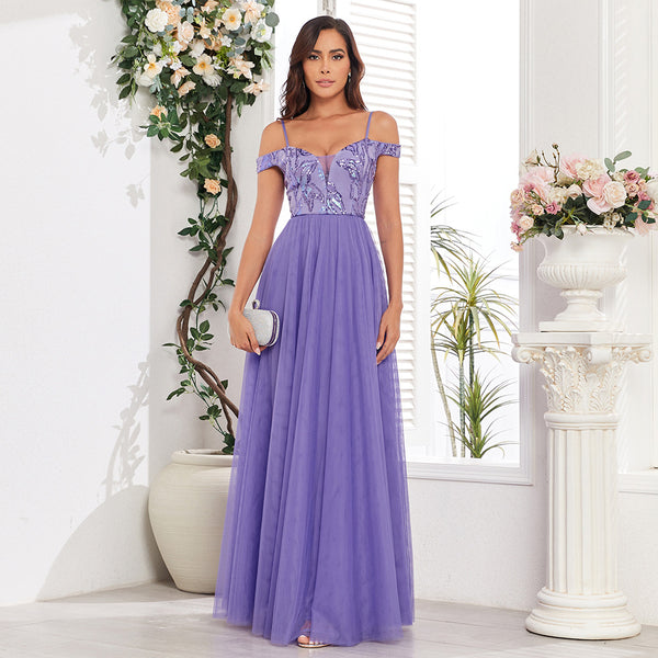 Chic Spaghetti Straps Off-the-Shoulder Sequined Bodice A-Line Tulle Skirt Evening Dress