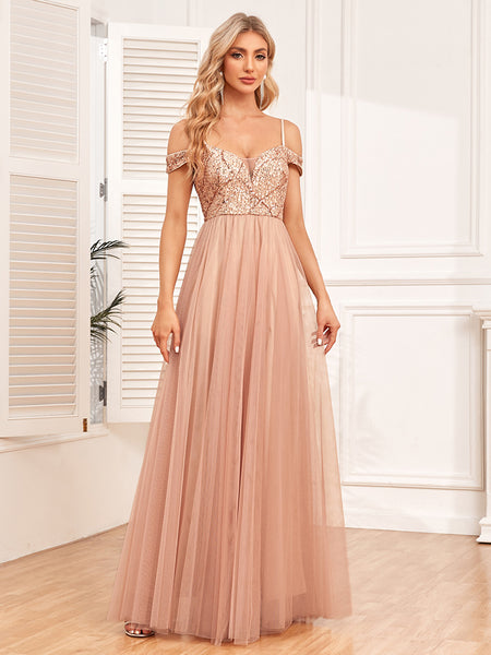 Chic Spaghetti Straps Off-the-Shoulder Sequined Bodice A-Line Tulle Skirt Evening Dress