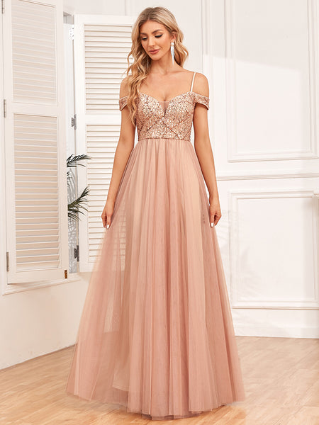 Chic Spaghetti Straps Off-the-Shoulder Sequined Bodice A-Line Tulle Skirt Evening Dress