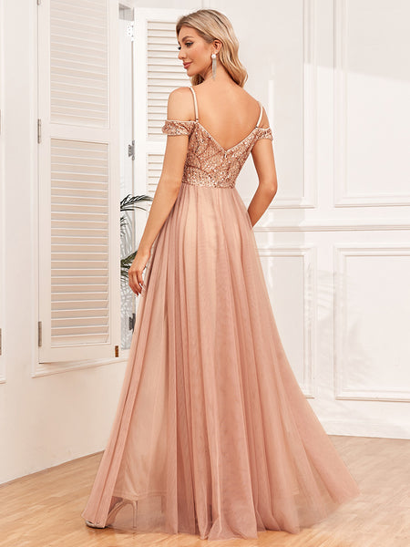 Chic Spaghetti Straps Off-the-Shoulder Sequined Bodice A-Line Tulle Skirt Evening Dress