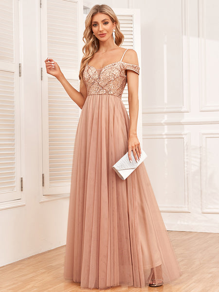 Chic Spaghetti Straps Off-the-Shoulder Sequined Bodice A-Line Tulle Skirt Evening Dress