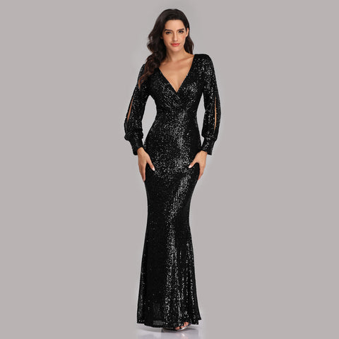 Sophisticated V-Neck Long Sleeves Sheath Sequin Maxi Formal/Evening Dress