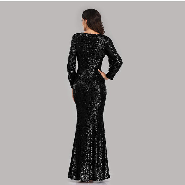 Sophisticated V-Neck Long Sleeves Sheath Sequin Maxi Formal/Evening Dress