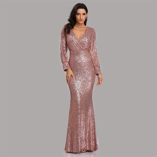 Sophisticated V-Neck Long Sleeves Sheath Sequin Maxi Formal/Evening Dress