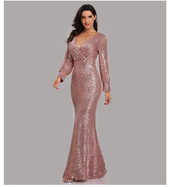 Sophisticated V-Neck Long Sleeves Sheath Sequin Maxi Formal/Evening Dress