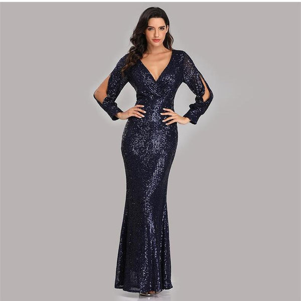 Sophisticated V-Neck Long Sleeves Sheath Sequin Maxi Formal/Evening Dress