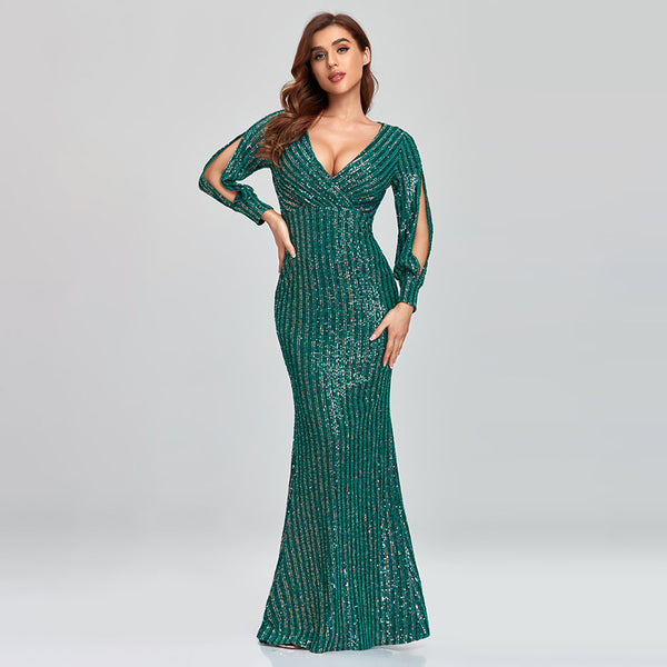 Sophisticated V-Neck Long Sleeves Sheath Sequin Maxi Formal/Evening Dress