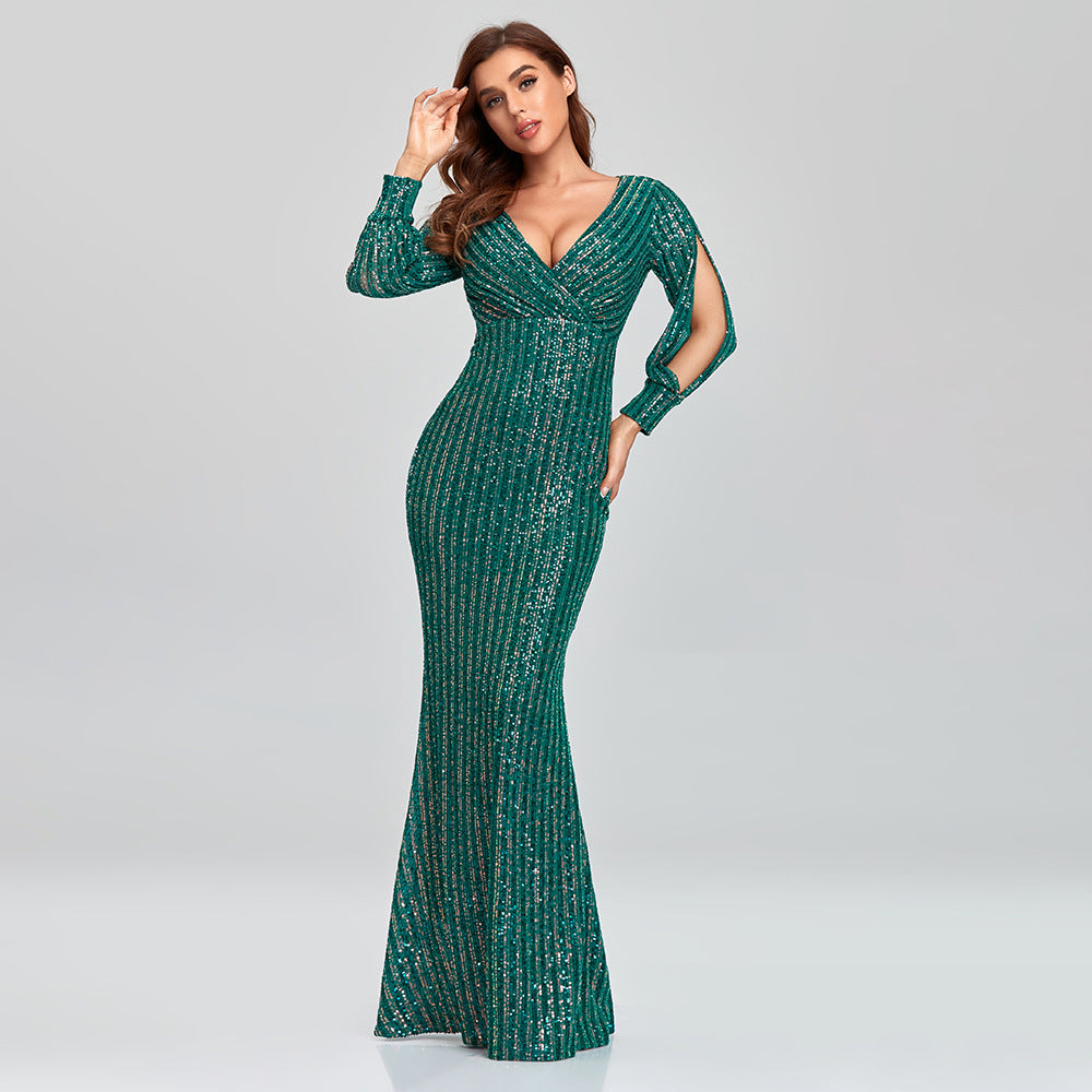 Sophisticated V-Neck Long Sleeves Sheath Sequin Maxi Formal/Evening Dress