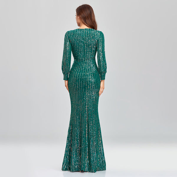 Sophisticated V-Neck Long Sleeves Sheath Sequin Maxi Formal/Evening Dress