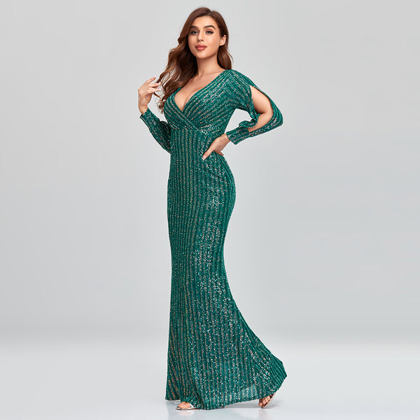 Sophisticated V-Neck Long Sleeves Sheath Sequin Maxi Formal/Evening Dress