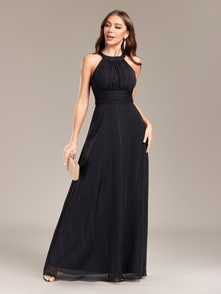 Chic Halter Neck Cut-out Back Pleated Bodice A-line Maxi Formal/Evening Dress