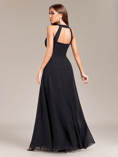 Chic Halter Neck Cut-out Back Pleated Bodice A-line Maxi Formal/Evening Dress