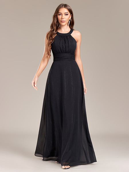 Chic Halter Neck Cut-out Back Pleated Bodice A-line Maxi Formal/Evening Dress