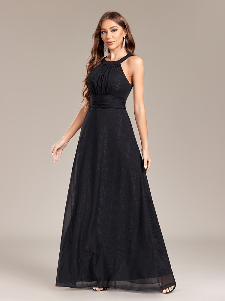 Chic Halter Neck Cut-out Back Pleated Bodice A-line Maxi Formal/Evening Dress